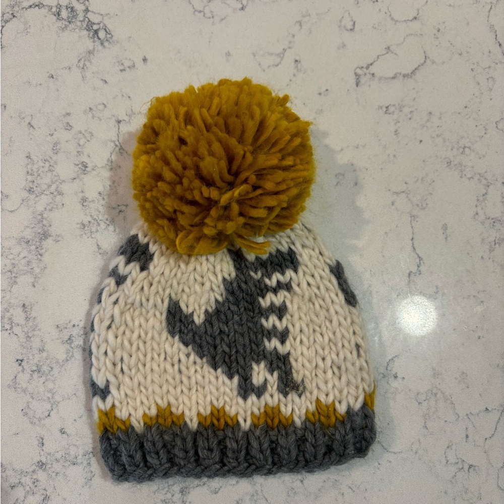 Cozy Knit Kids Beanie with Pom Pom - Yellow and Gray